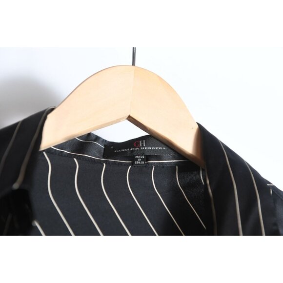 Carolina Herrera 100% Silk Wrap Top Blouse in Black Pinstripe Size 8 Work Office - Picture 5 of 13